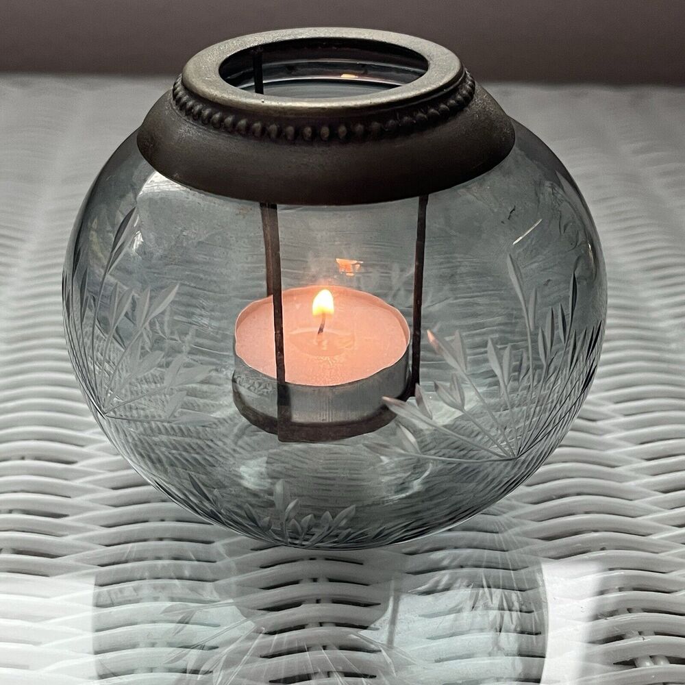 FLOATING CANDLE HOLDER etched nature designed in glass, antique old finish.